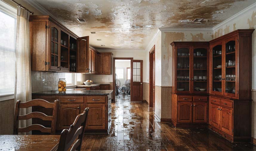 A kitchen with heavy water-stained, peeling ceiling damage and a wet wood floor
