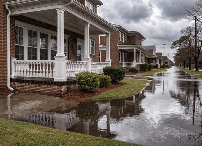 A row of brick houses with front porches along a wet street with standing water at the curb