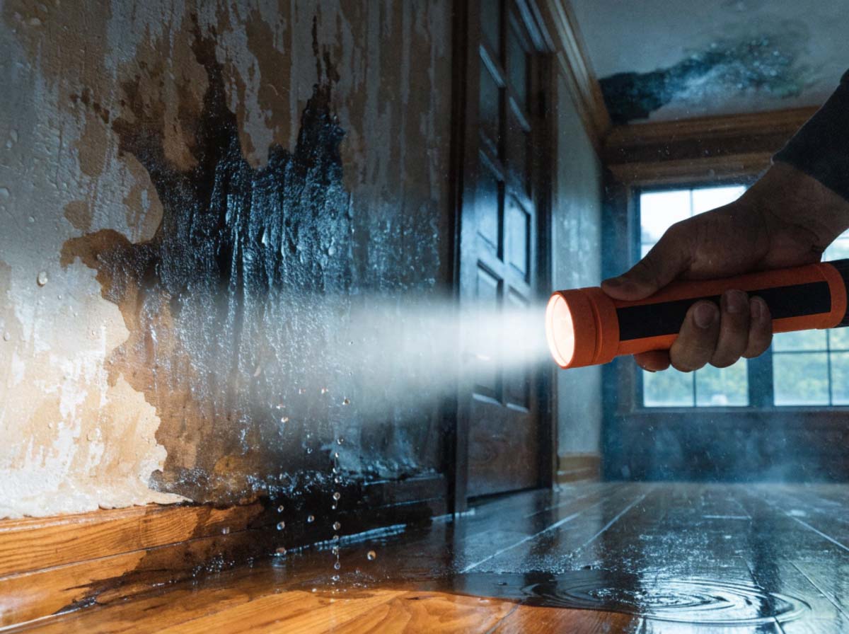 A flashlight beam revealing water staining and damage on an interior wall